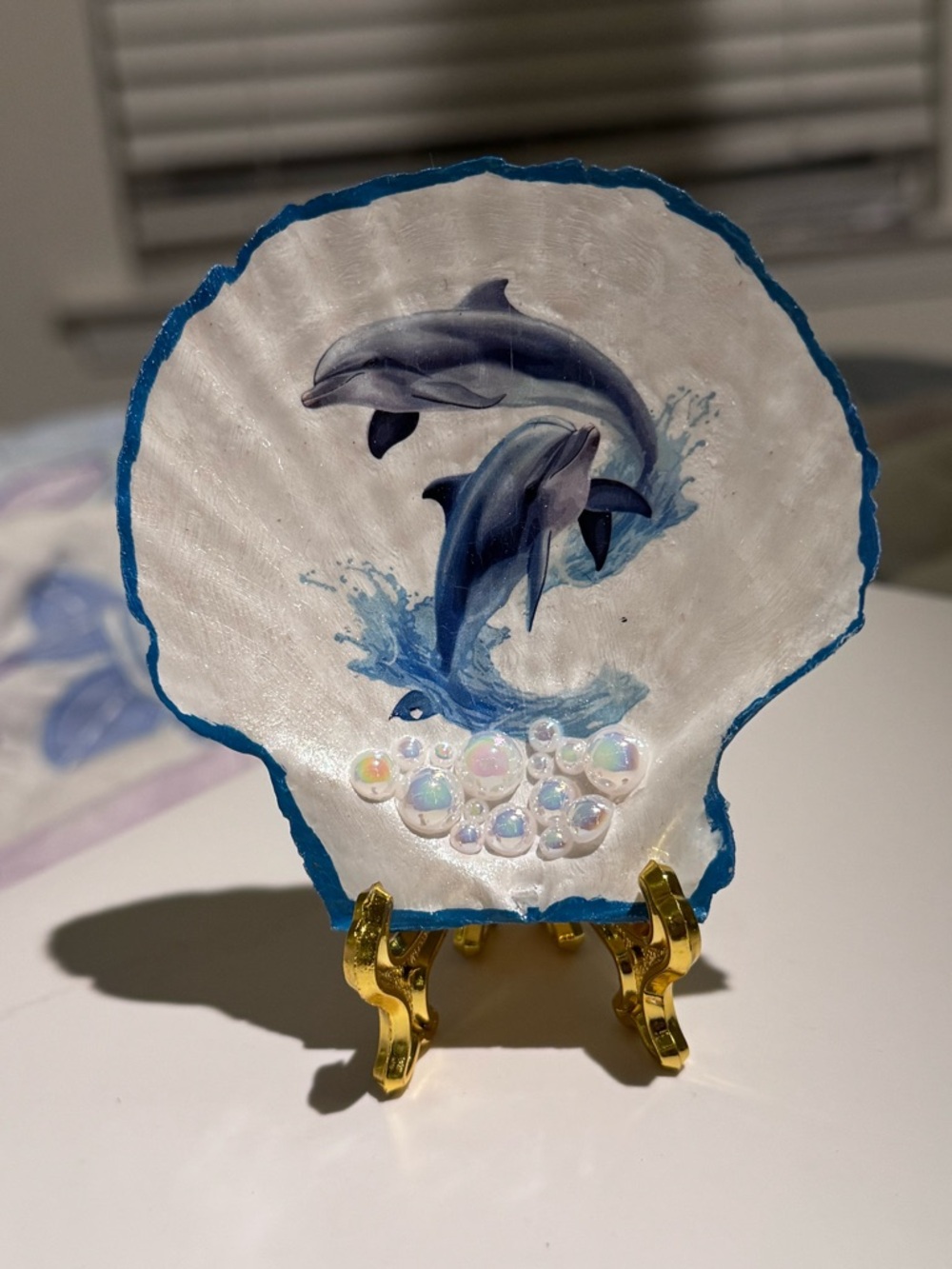 Large Handmade Scallop Dolphin Shell Art Plaque or trinket in Blue and White